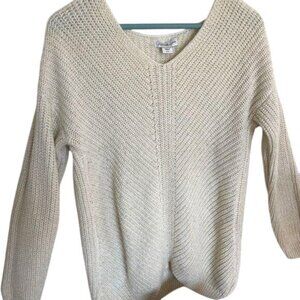 Jaclyn Smith Womens V-Neck Sweater with glitter flex threads Beige Knit Pullover